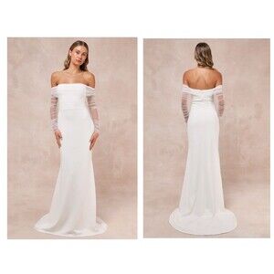 Lulus Beautifully Beloved White Mesh Off-the-Shoulder Maxi Dress Large Bridal